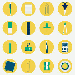 Colorful circular icons of office supplies