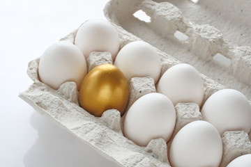 One golden egg among white eggs sets