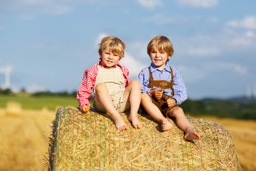 Naklejka na ściany i meble Two little sibling boys and friends sitting on hay stack