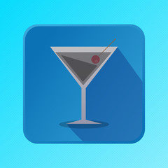 Flat Design of Drink With Cherry On Blue Button With Long Shadow