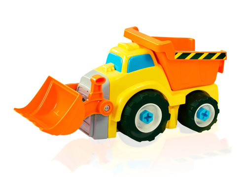 Bright excavator toy car. Isolated track.