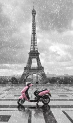 Rollo Eiffel tower in the rain with pink scooter of Paris. Black and w © cranach