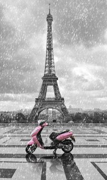 Fototapeta Eiffel tower in the rain with pink scooter of Paris. Black and w