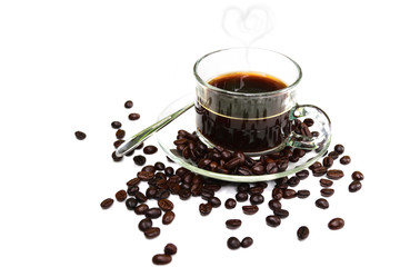 Black Coffee in Glass cup and beans on a white background.