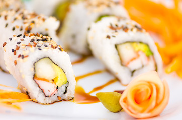 Tasty sushi rolls on a plate