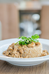 Chicken with brown sauce on rice