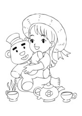 Outline illustration of a girl playing with her toys