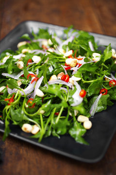 close up thai spicy vegetarian salad in dish