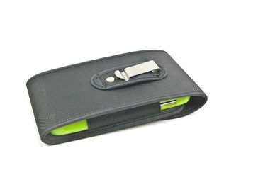 Mobile in holster on white background