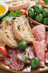 assorted Italian antipasti - deli meats, olives and bread
