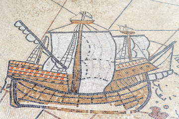 Mosaic of ancient greek ship, Canakkale, Turkey.