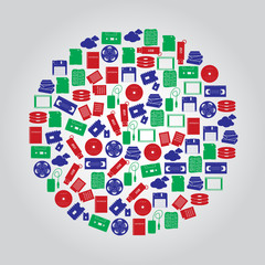 data storage media icons in color circle eps10