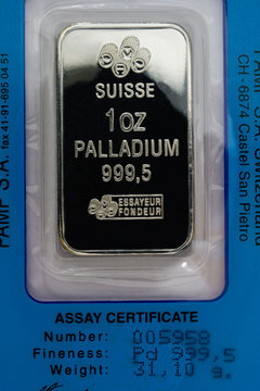 One Ounce Pure Palladium Bar with Assay Certificate