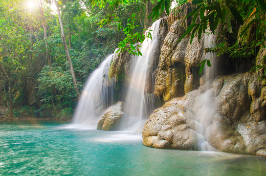 Fototapeta Waterfall in Deep forest at Erawan waterfall National Park