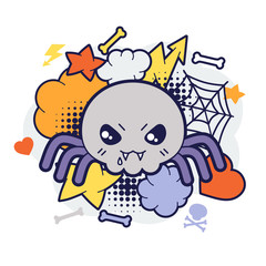 Halloween kawaii print or card with cute doodle spider.