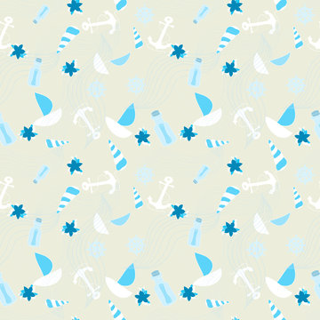 Seamless sea pattern. Illustration with a ship anchor, wheel, bo