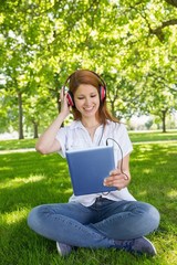 Pretty redhead using her tablet pc