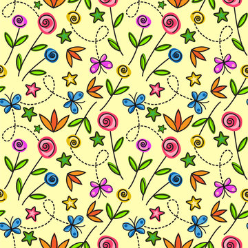 Cartoon seamless pattern with flowers and butterflies