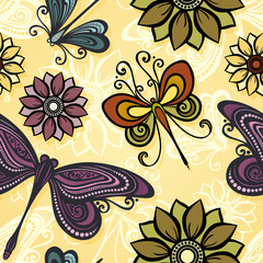 Seamless Ornate Floral Pattern with Butterflies (Vector)