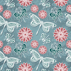 Seamless Ornate Floral Pattern with Butterflies (Vector)