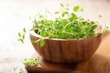 Obraz na płótnie Canvas fresh thyme herb in wooden bowl