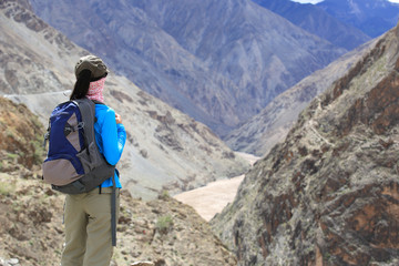 young woman hiker  enjoy the view mountain peak 