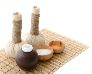 spa still life with spa herbal balls, candlestick, stones and sa