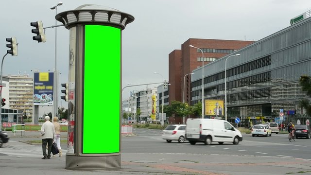 billboard in the city near road - green screen - people