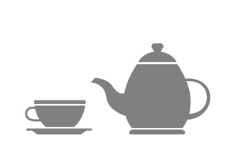 Grey teapot and teacup on white background