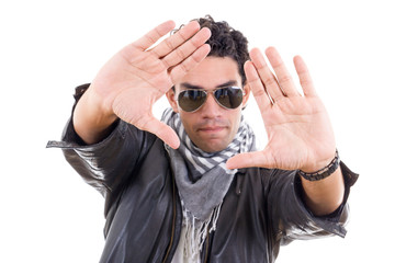 handsome man in leather jacket with sunglasses wearing scarf