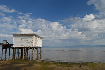 Fototapeta na wymiar boat house on poles in lake Tahoe, California
