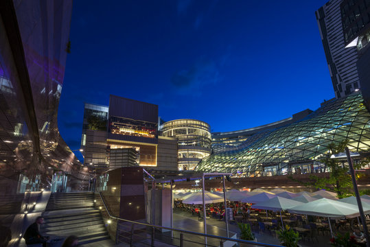 Modern architecture at night in Warsaw