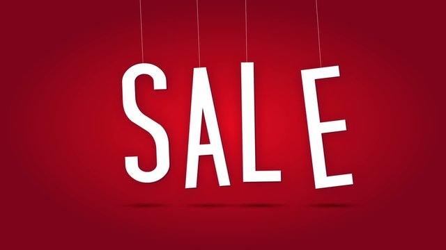 Dangling animated sale letters over red background