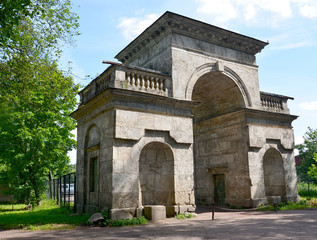 Fototapeta na wymiar Birch gate in Palace park of Gatchina