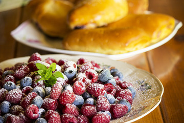 Dessert with raspberry and blueberry