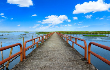 Obraz premium Jetty at lake and blue sky in tropical country southern of Thail