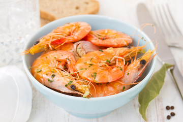 shrimps in blue bowl