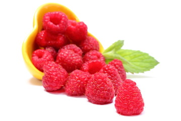 Fresh raspberries pouring out of yellow bowl. White background