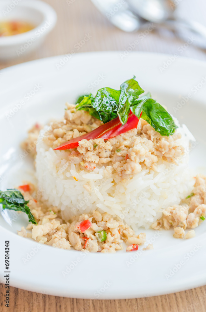 Wall mural spicy fried chicken with basil and rice