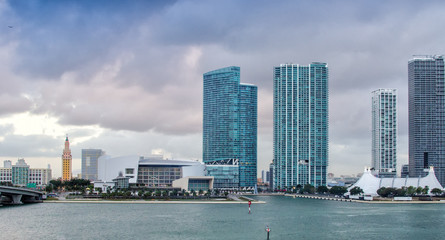 Fototapeta na wymiar Miami skyscrapers and skyline at sunrise. Beautiful colors of na