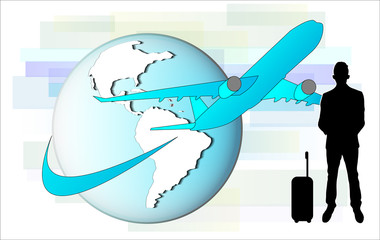Illustration of business man with airplane and earth globe