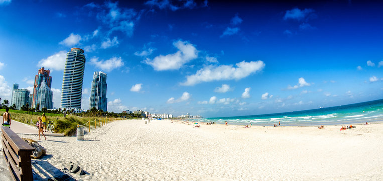 Skyline and seascape of Miami as seen from South Pointe Park on