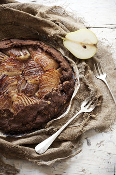 rustic homemade pears and dark chocolate tart