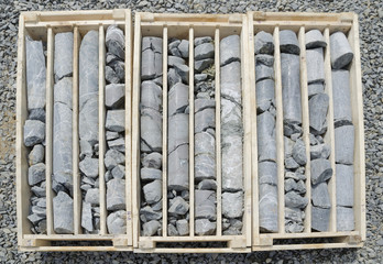 Detail of drill core in the boxes ready for logging