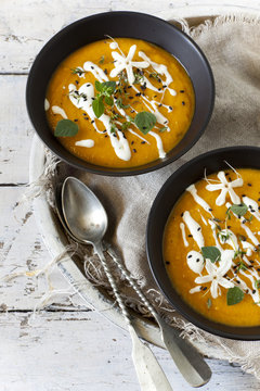 cream of pumpkin and carrot soup  with sour cream