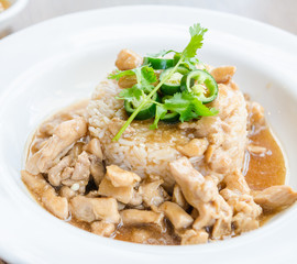 Chicken with brown sauce on rice
