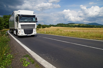 Obraz na płótnie Canvas White truck on the road in a rural landscape