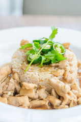 Chicken with brown sauce on rice