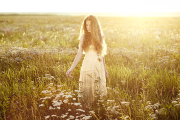 Young beautiful girl on a summer field. Beauty summertime