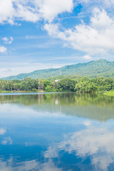 Plakat landscape with lake mountain and blue sky